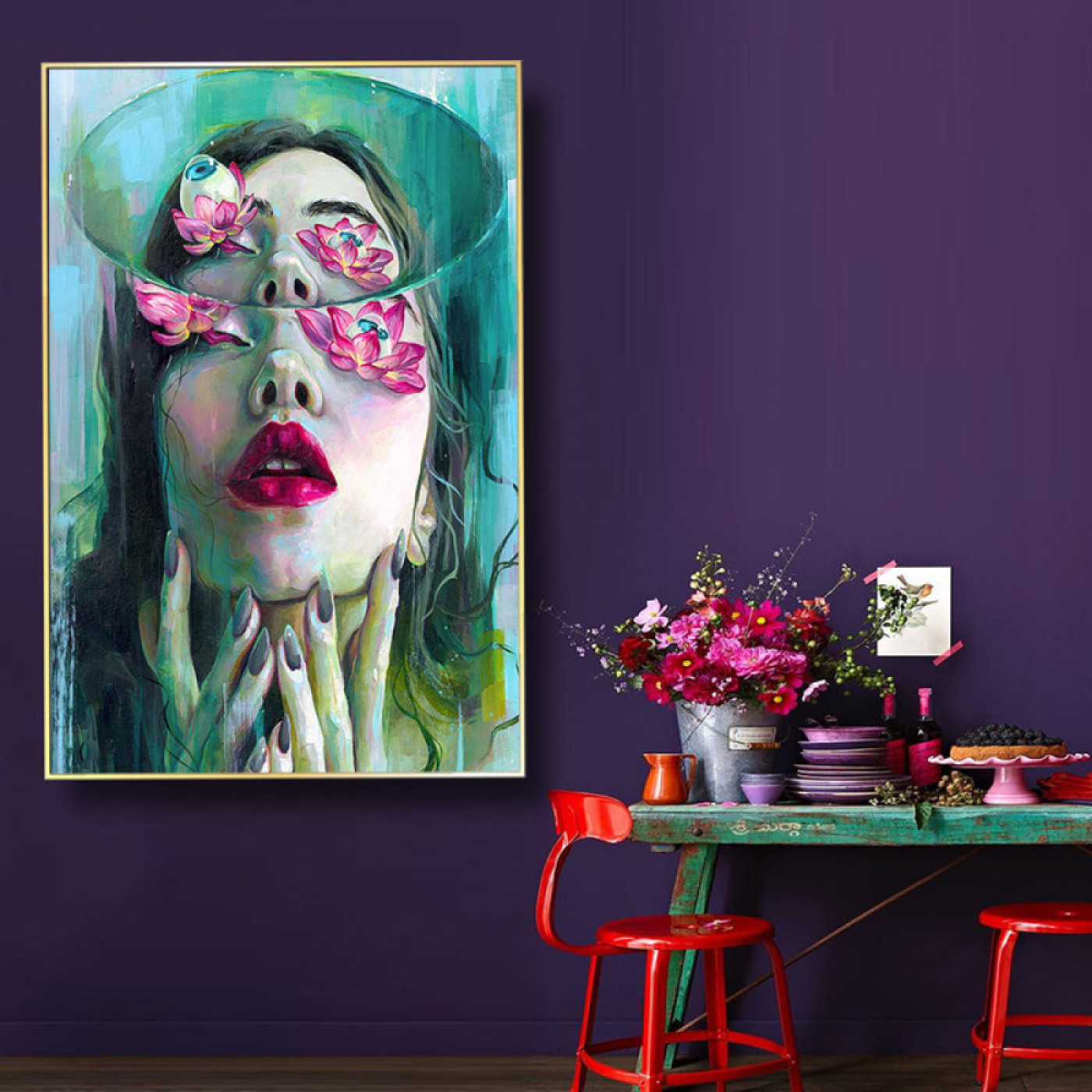 لوحة حائط قماشية لفتاة شابة و زهور - 120x80 سم