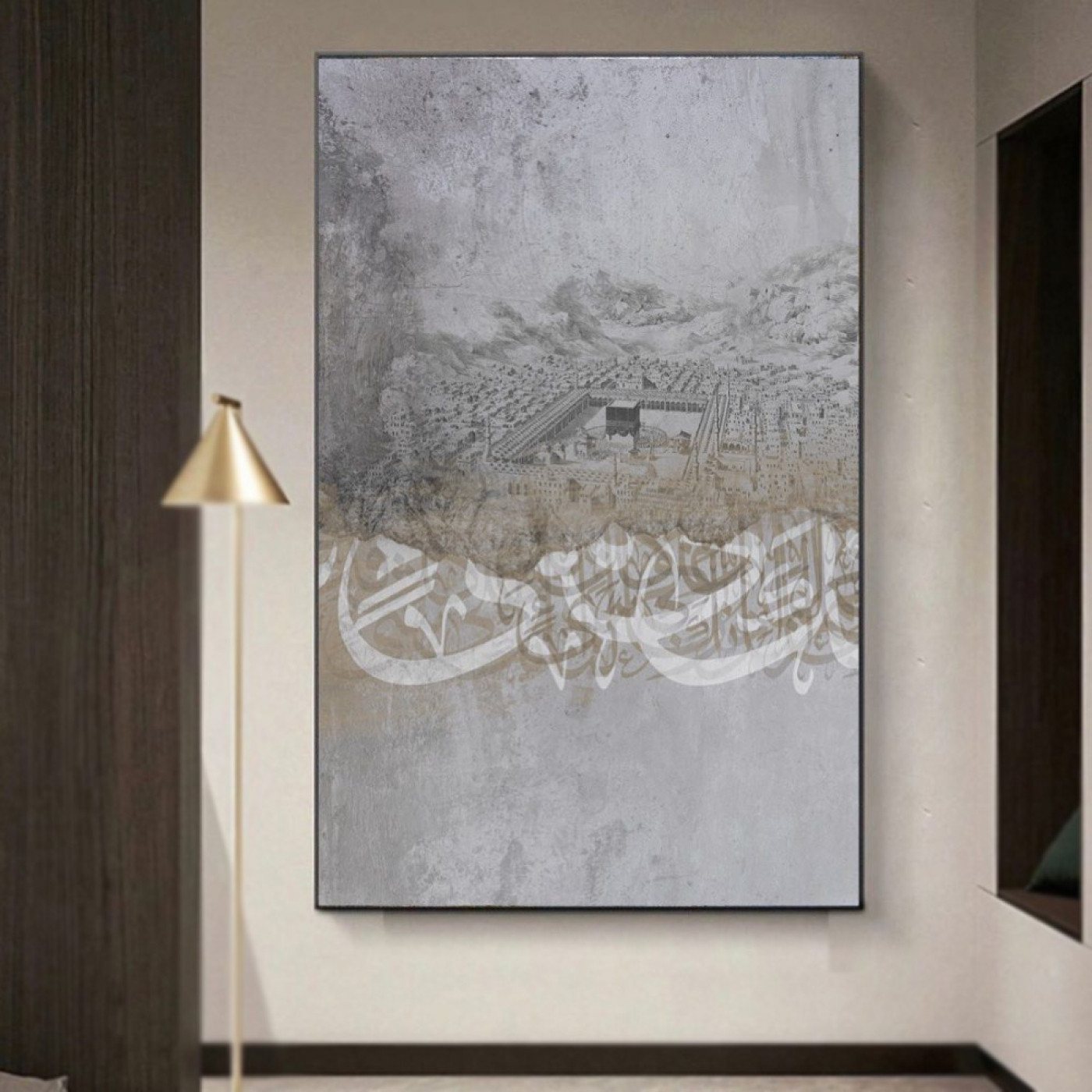 لوحة حائط قماشية رسمة للكعبة الشريفة و زخرفو إسلامية - 120x80 سم