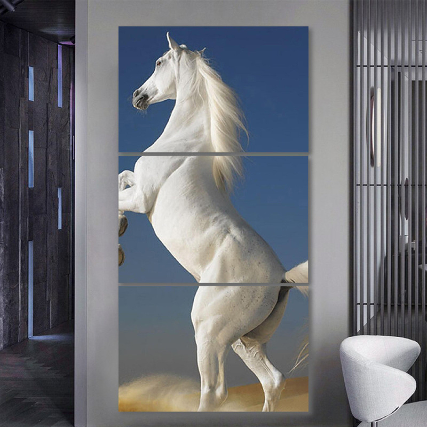 لوحة جدارية أنيقة لحصان أبيض - 3 قطع - 120x60 سم