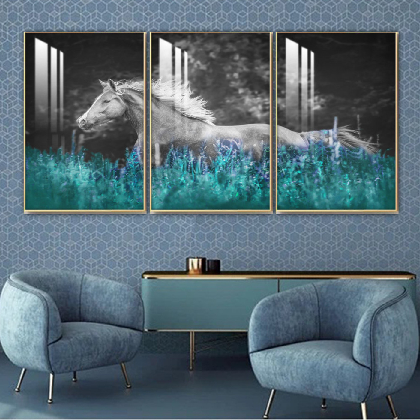 لوحة جدارية بتصميم حصان رمادي مع عشب - 3 قطع - 150x70 سم - رمادي وأخضر