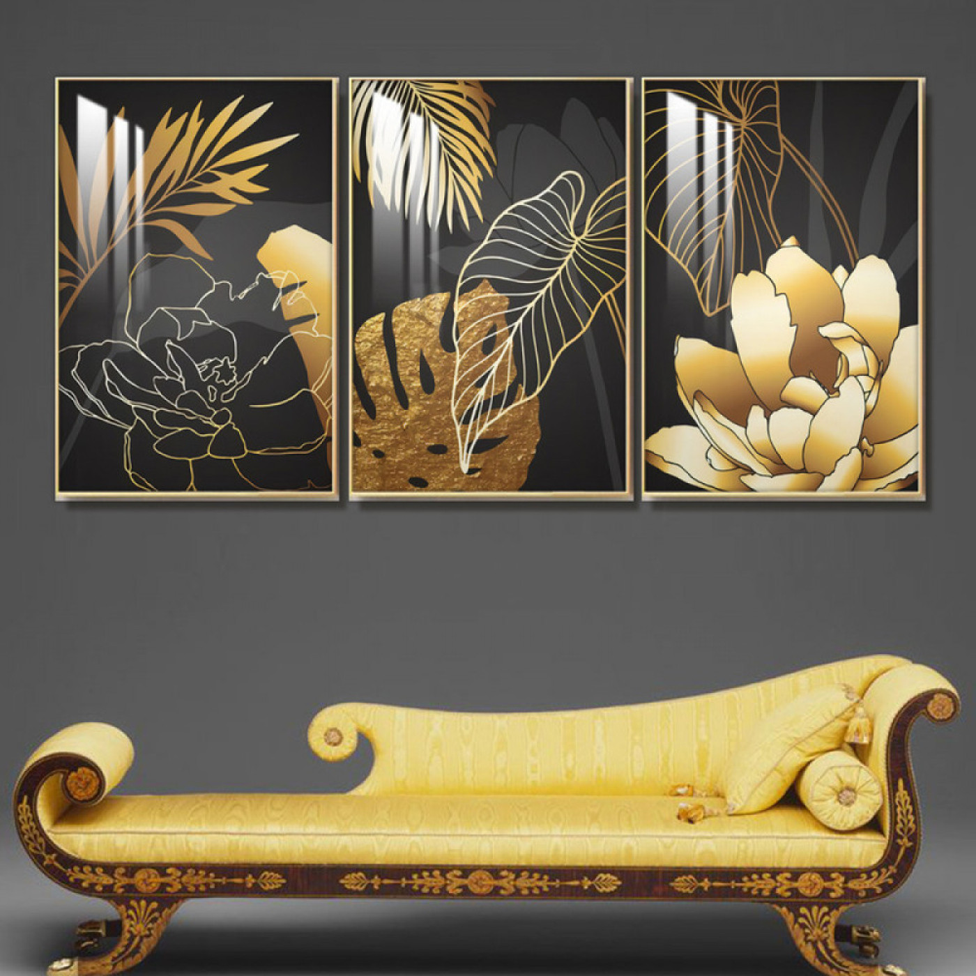 لوحة جدارية إبداعية لأوراق الشجر ذهبية و سوداء - 3 قطع