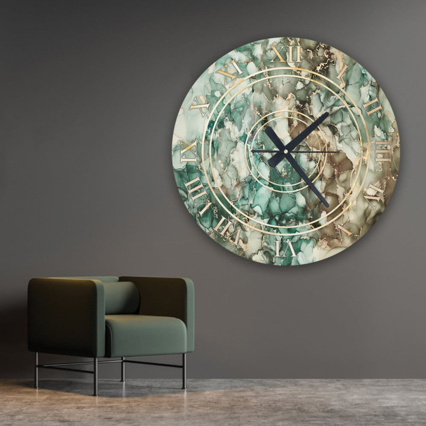 ساعة حائط دائرية بتصميم رخامي - 50x50 سم - بني وأخضر - hs-cnc-11