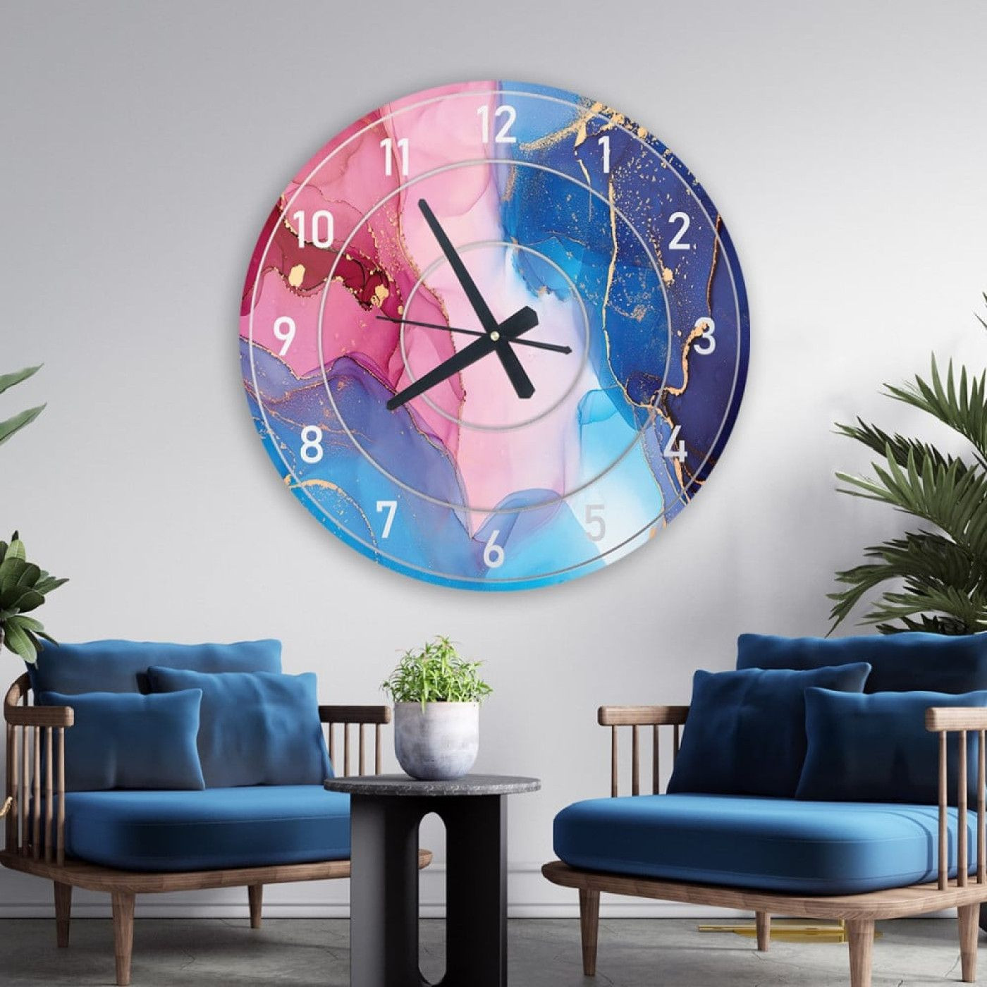 ساعة حائط دائرية بتصميم رخامي - 50x50 سم - وردي وأزرق - hs-cnc-19