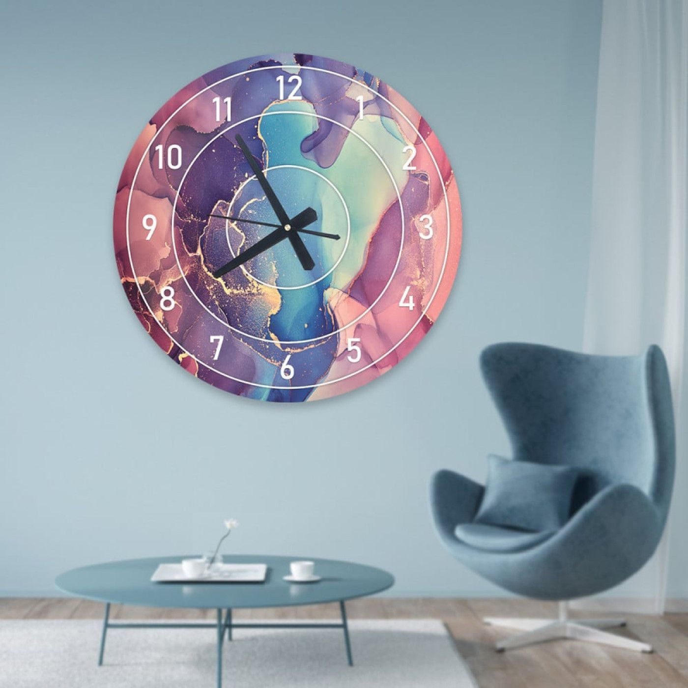 ساعة حائط دائرية بتصميم رخامي - 50x50 سم - بنفسجي وأزرق - hs-cnc-27