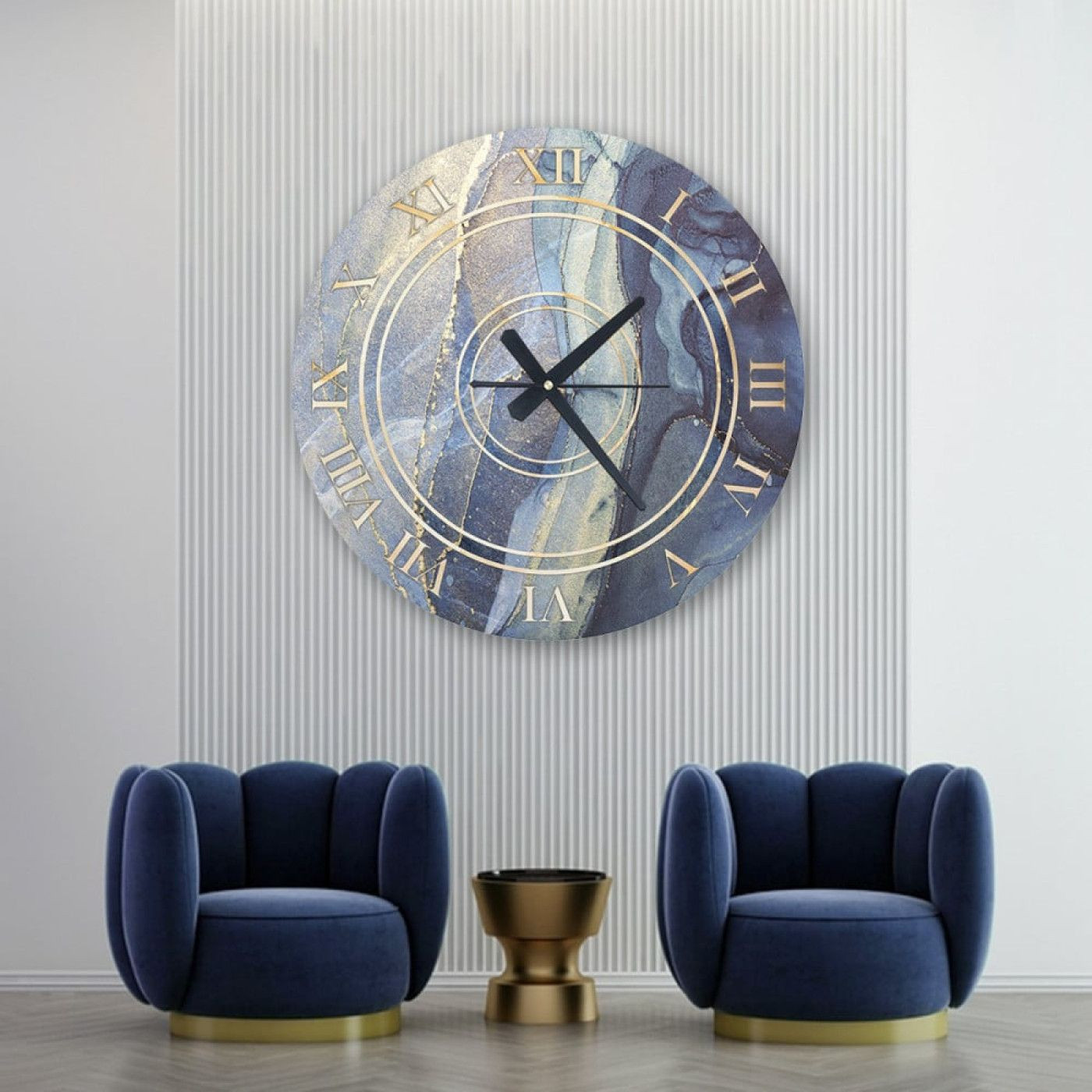 ساعة حائط دائرية بتصميم رخامي - 50x50 سم - أزرق وذهبي - hs-cnc-40