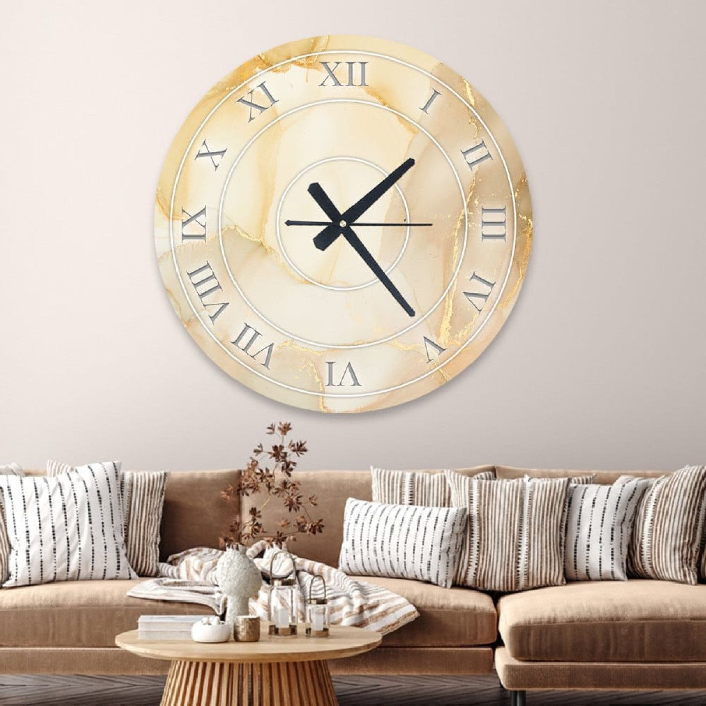 ساعة حائط دائرية بتصميم رخامي - 50x50 سم - بيج وذهبي - hs-cnc-42