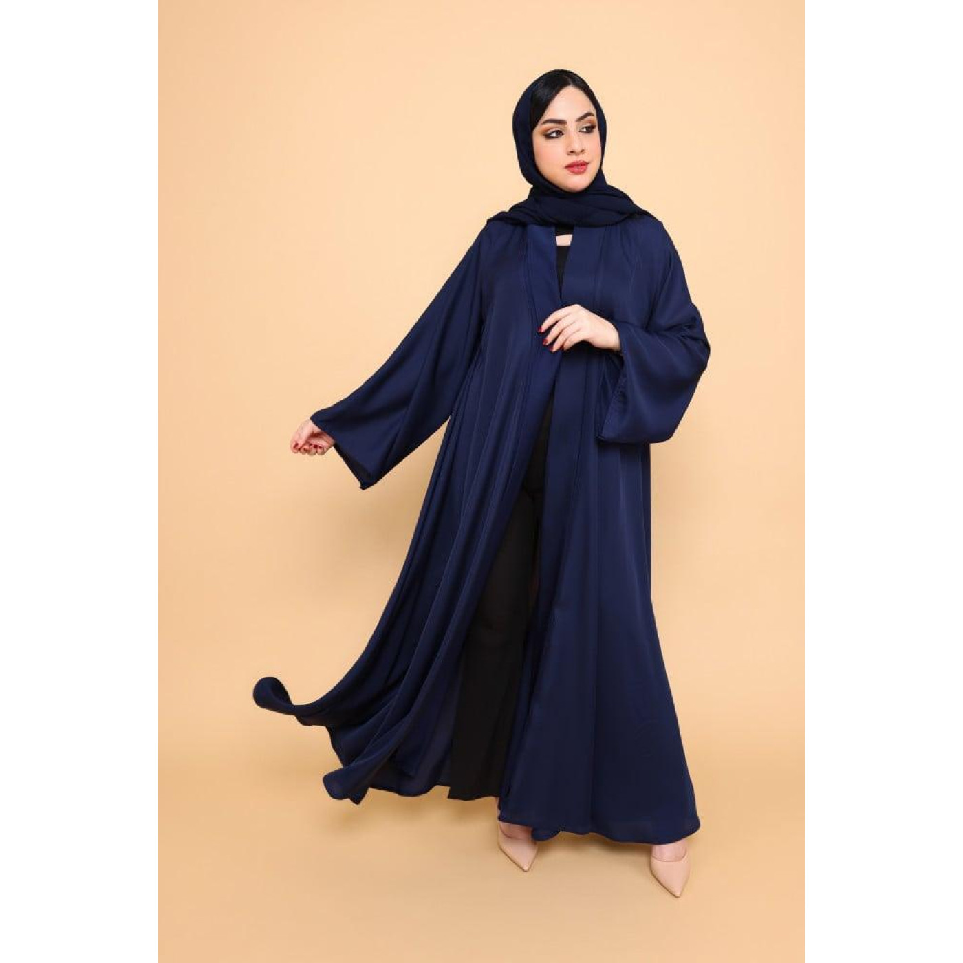 عباية بكم مربع وياقة بسيطة - حرير - كحلي - 01-009