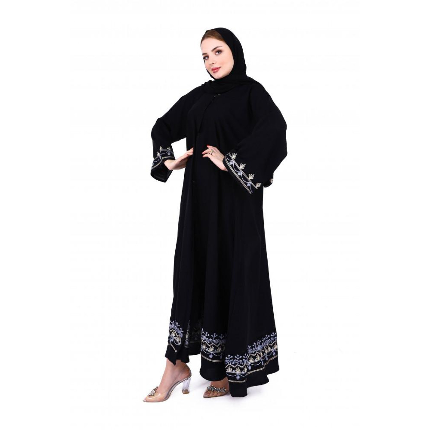 عباية بأكمام مربع بتطريز هاري مع اسفل العباية ملون للنساء - أسود - 06-032