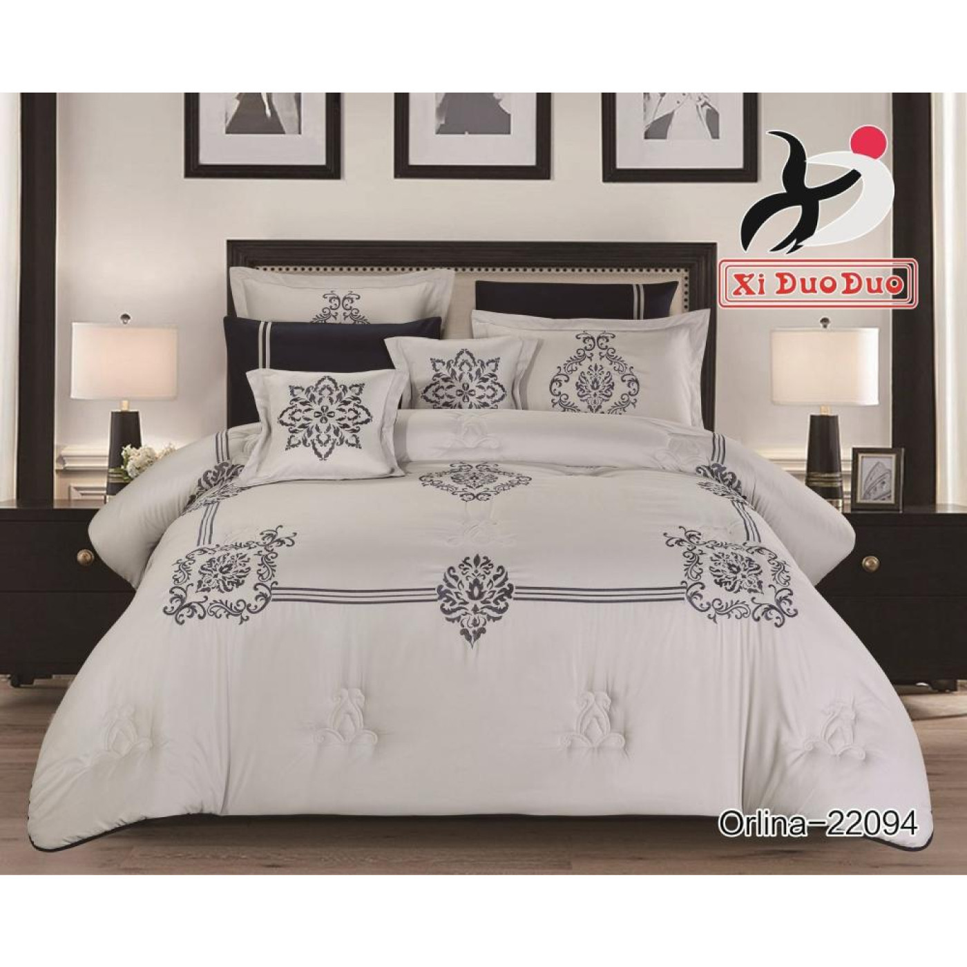 طقم مفرش ذو طابع تطريز - مزدوج - 8 قطع