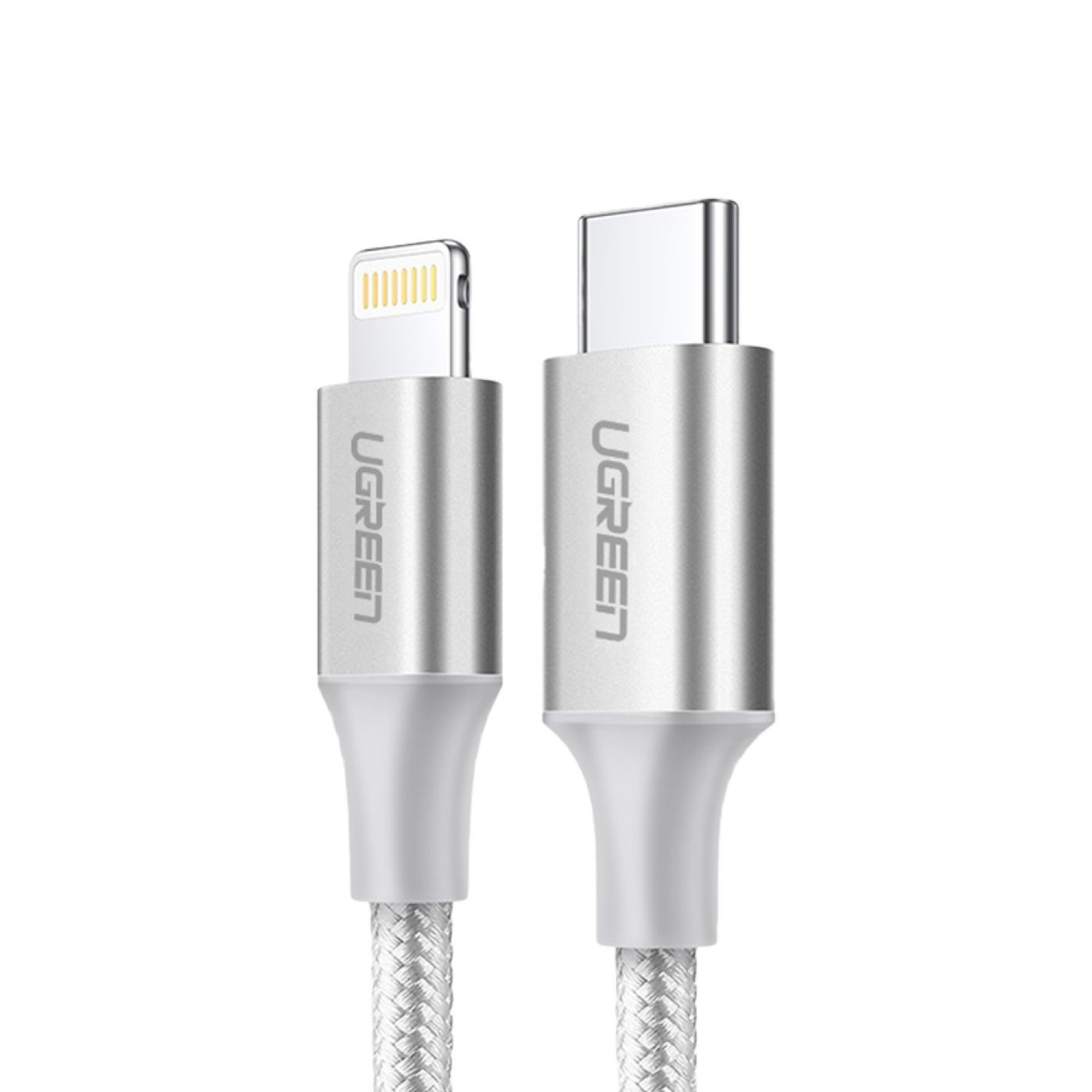 يوجرين سلك شاحن من Type-C إلى Lightning - نايلون مظفر - 1 متر - فضي