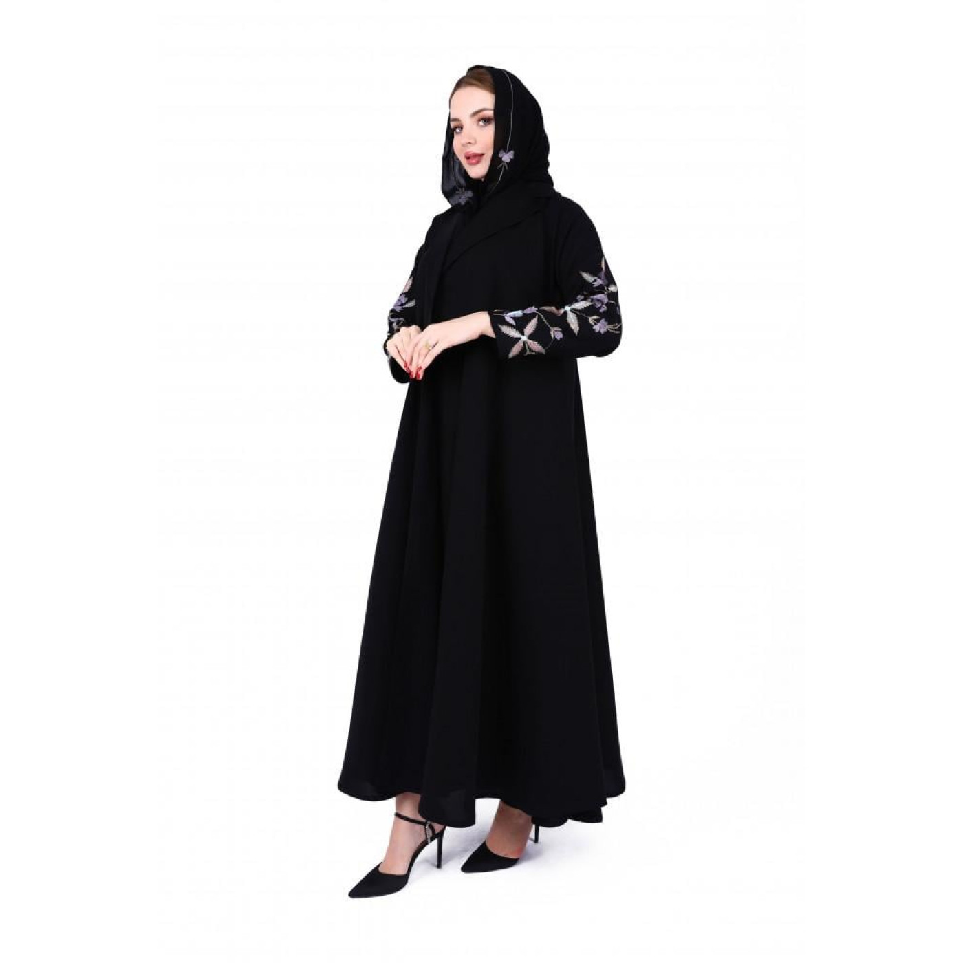 عباية كم بتطريز ملون ناعم للنساء - أسود