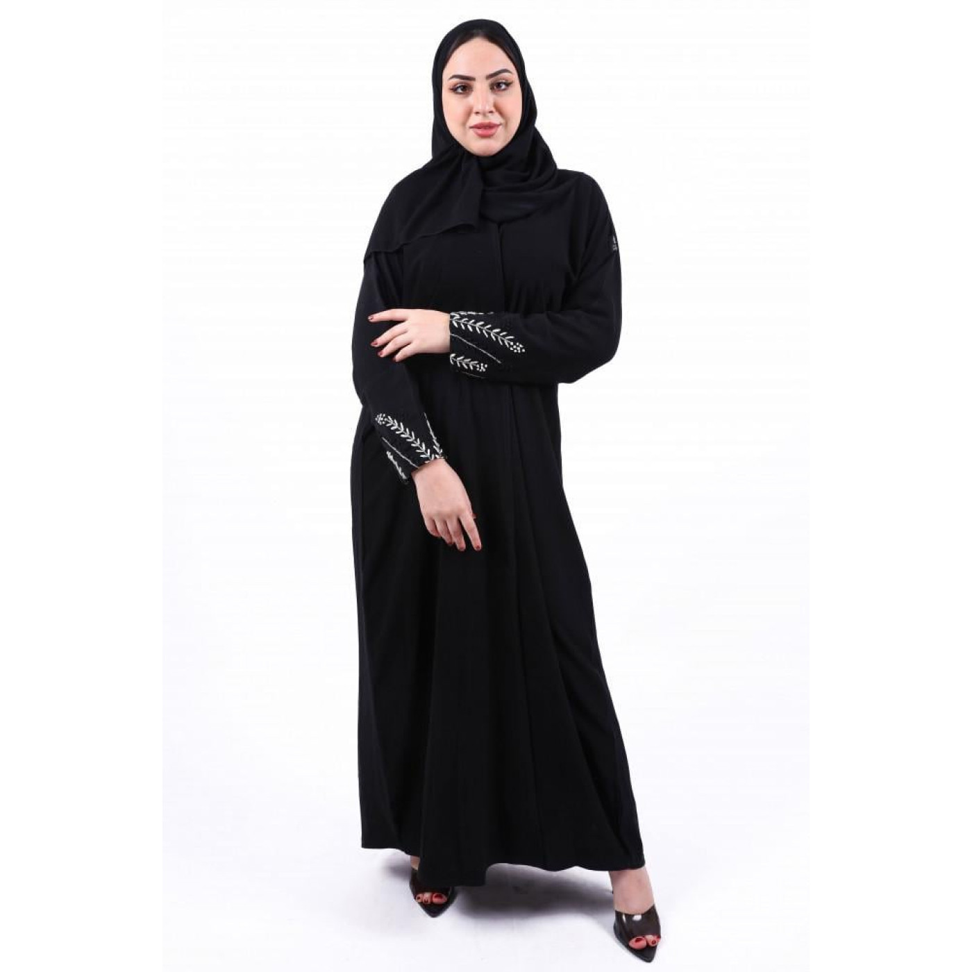 عباية تطريز مع شك ناعم بالكم للنساء - أسود