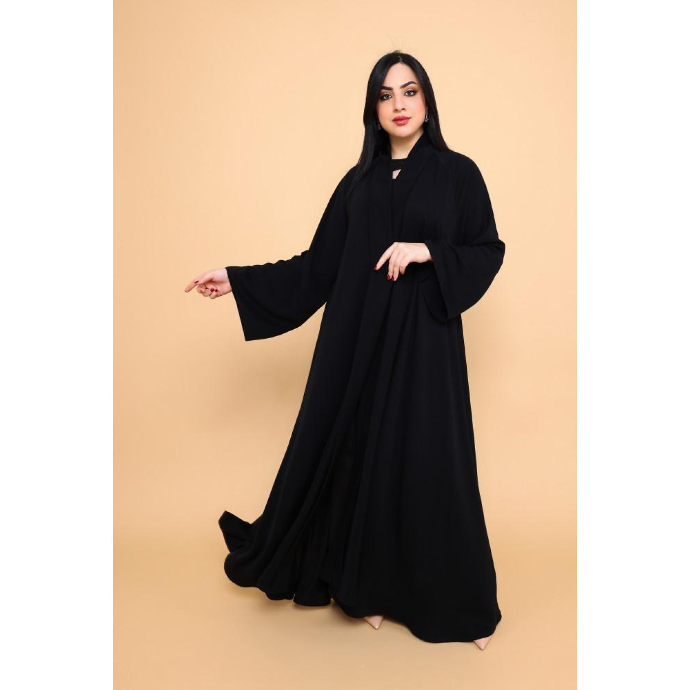 عباية بكم مربع وياقة بسيطة - حرير - أسود - 01-010