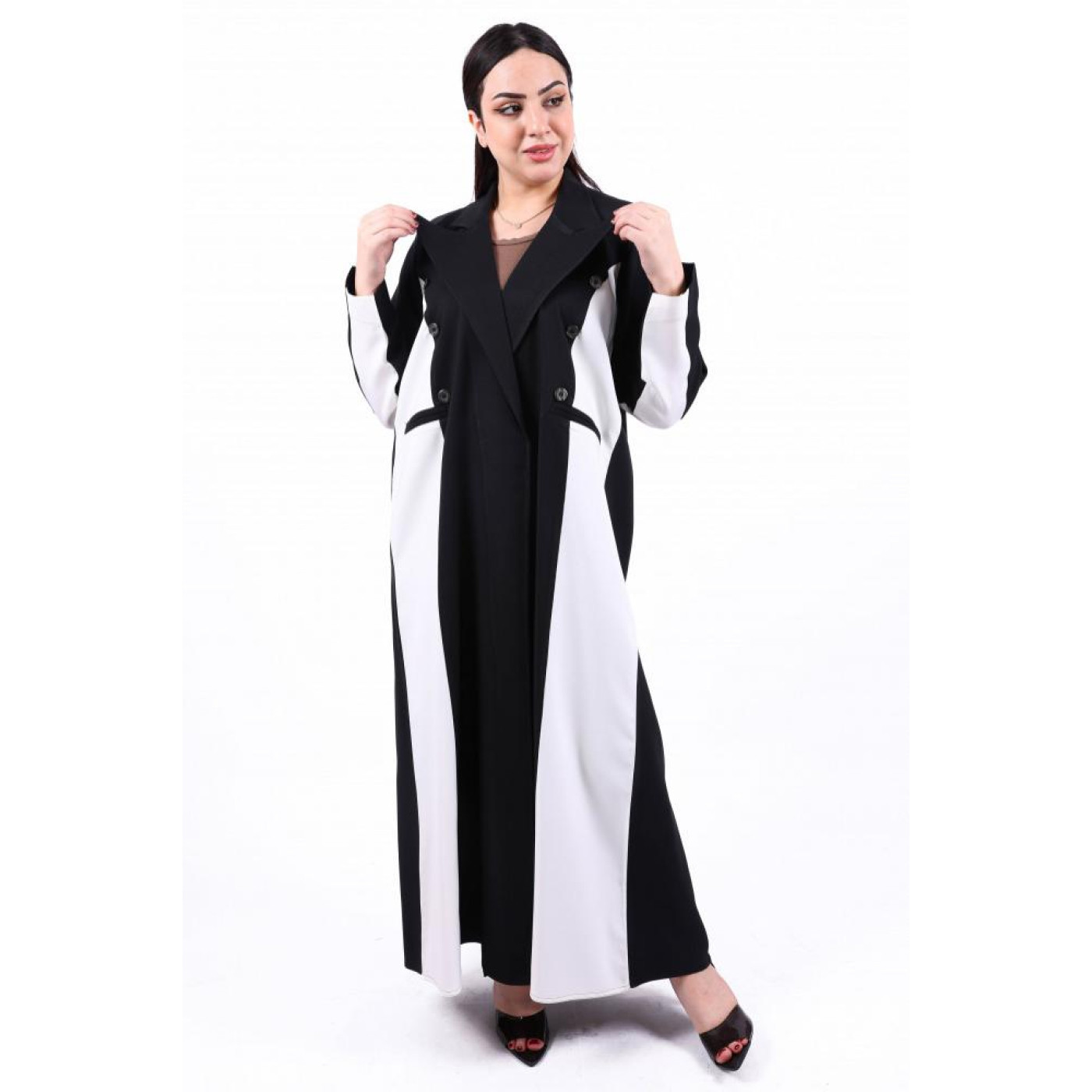 عباية كريب باربي موديل جاكيت لونين بجيوب للنساء - أسود