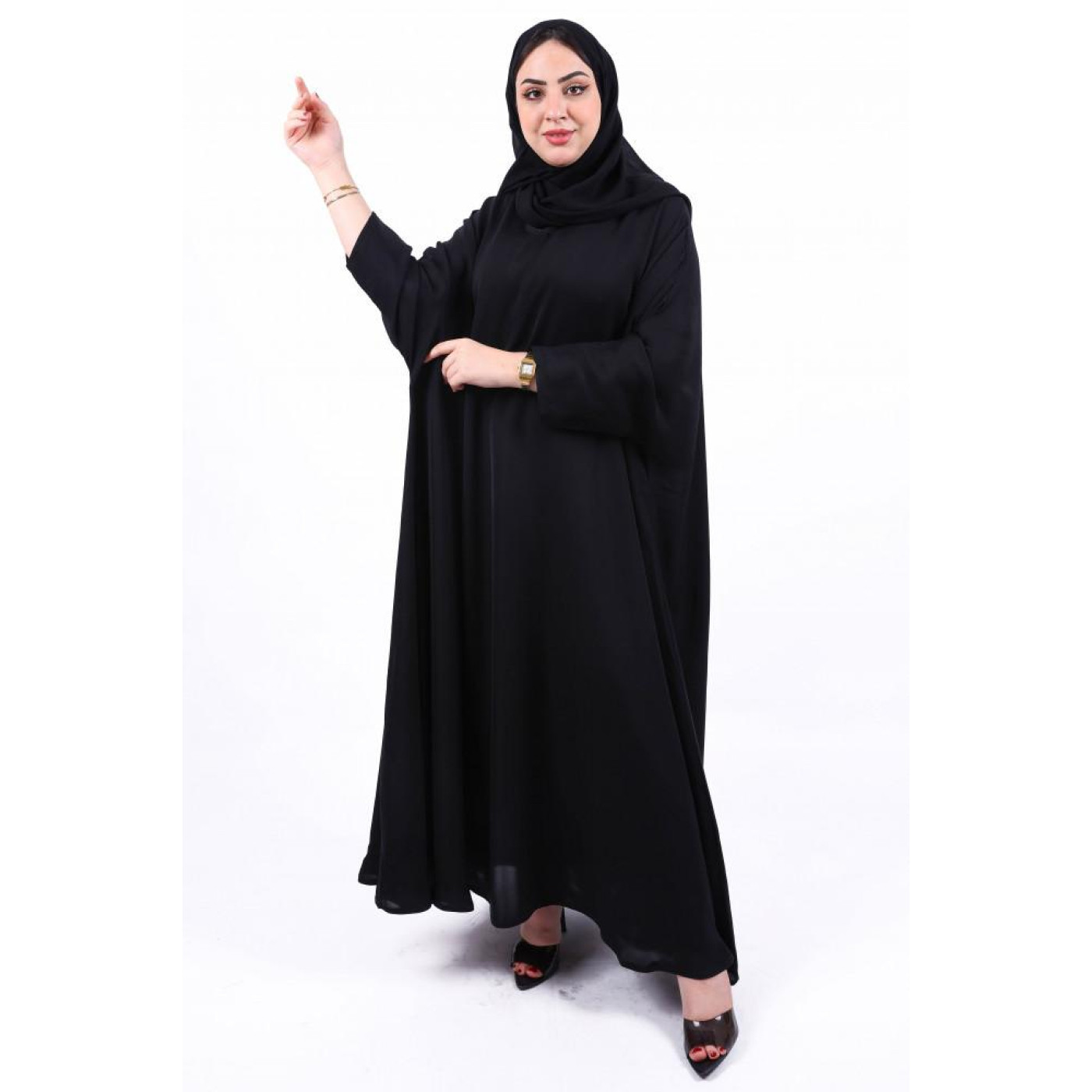 عباية حرير فراشة مغلقة سادة بأكمام ضيقة للنساء - أسود