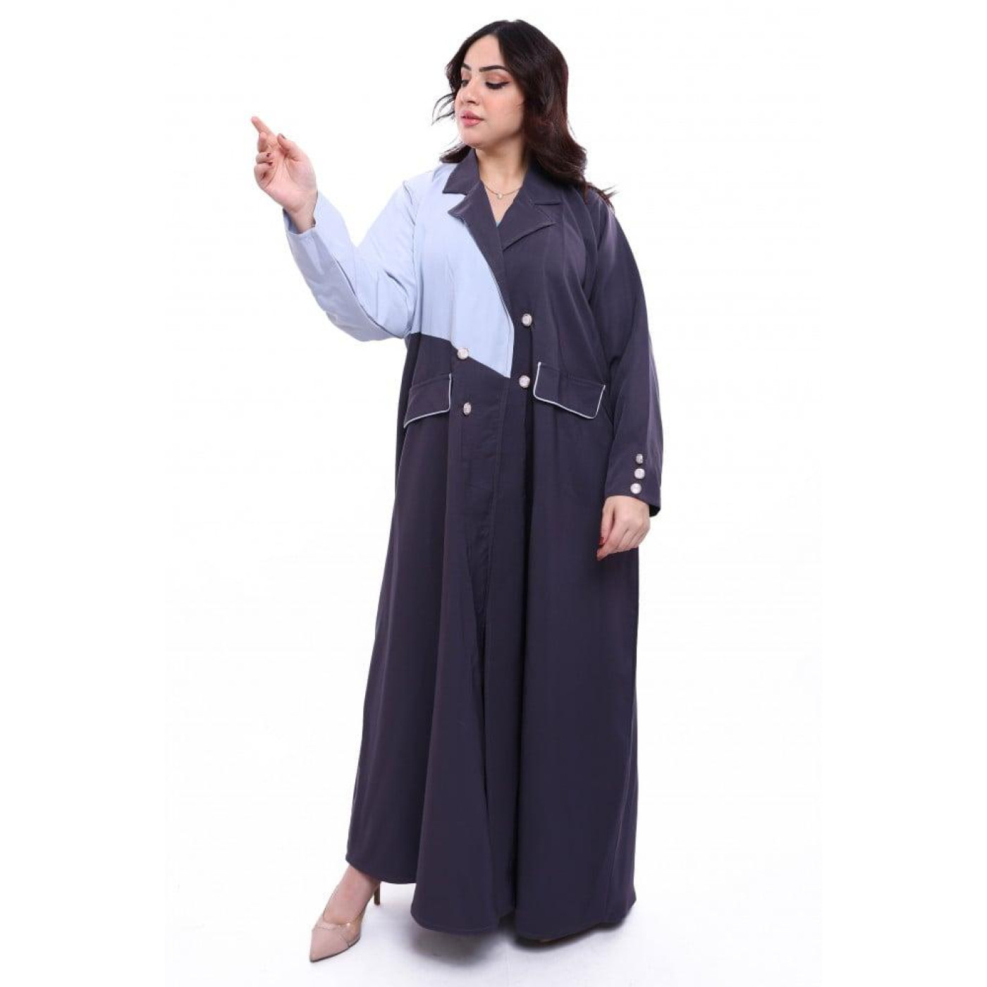عباية ملونة من الامام مع موديل أزرار ناعمة للنساء - كحلي