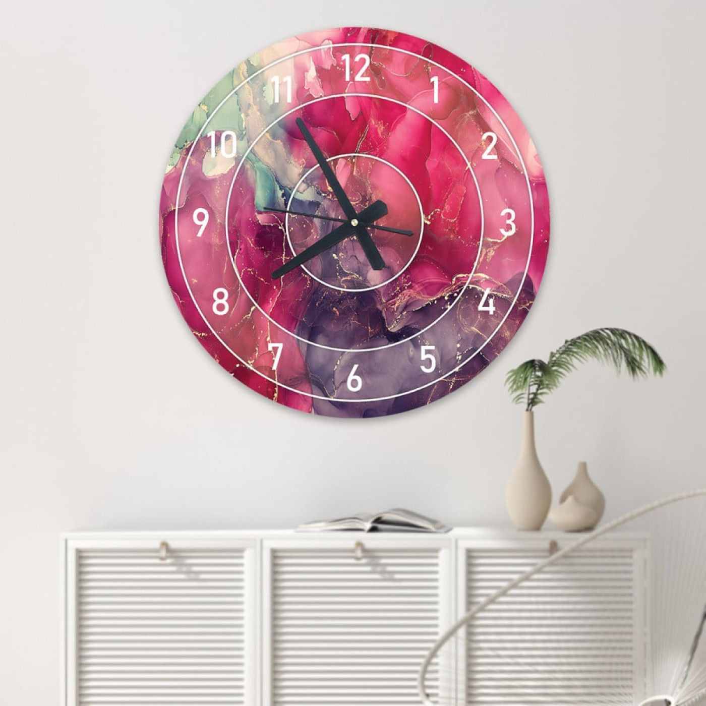 ساعة حائط دائرية بتصميم رخامي - 50x50 سم - وردي - hs-cnc-10