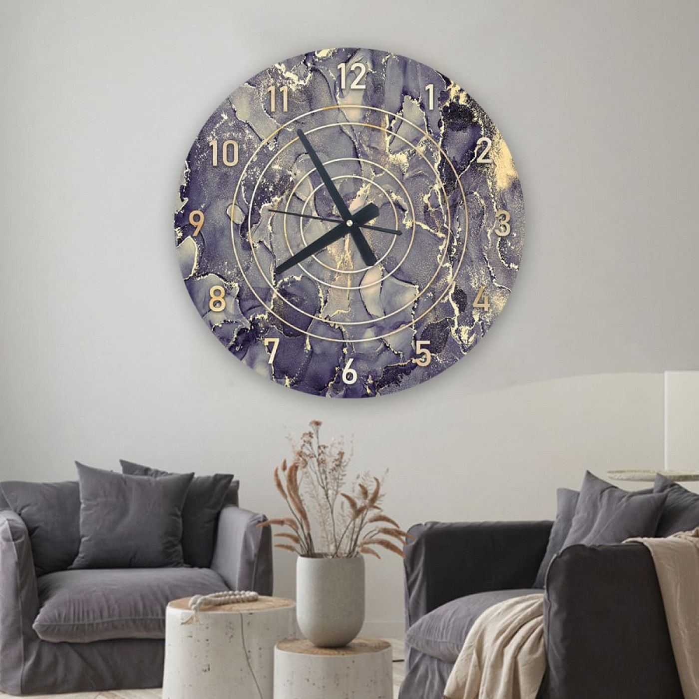 ساعة حائط دائرية بتصميم رخامي - 50x50 سم - أزرق داكن وذهبي - hs-cnc-14