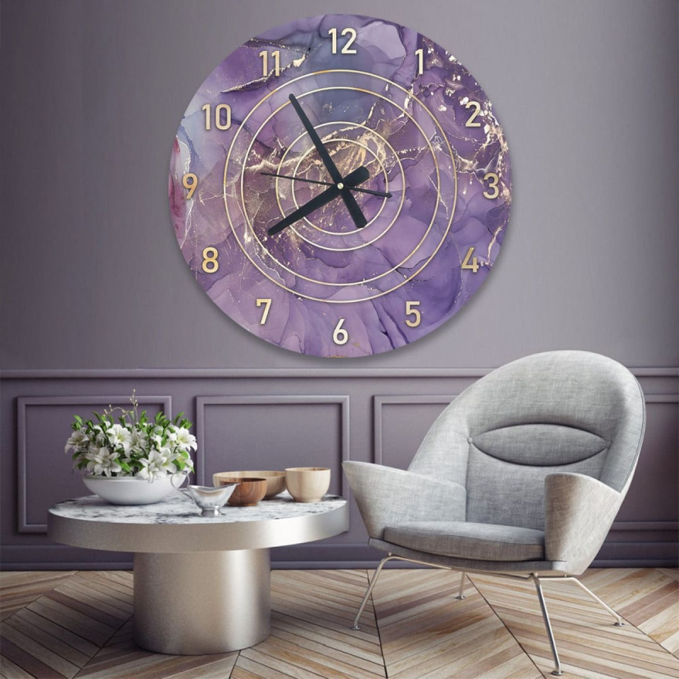 ساعة حائط دائرية بتصميم رخامي - 50x50 سم - بنفسجي وذهبي - hs-cnc-20