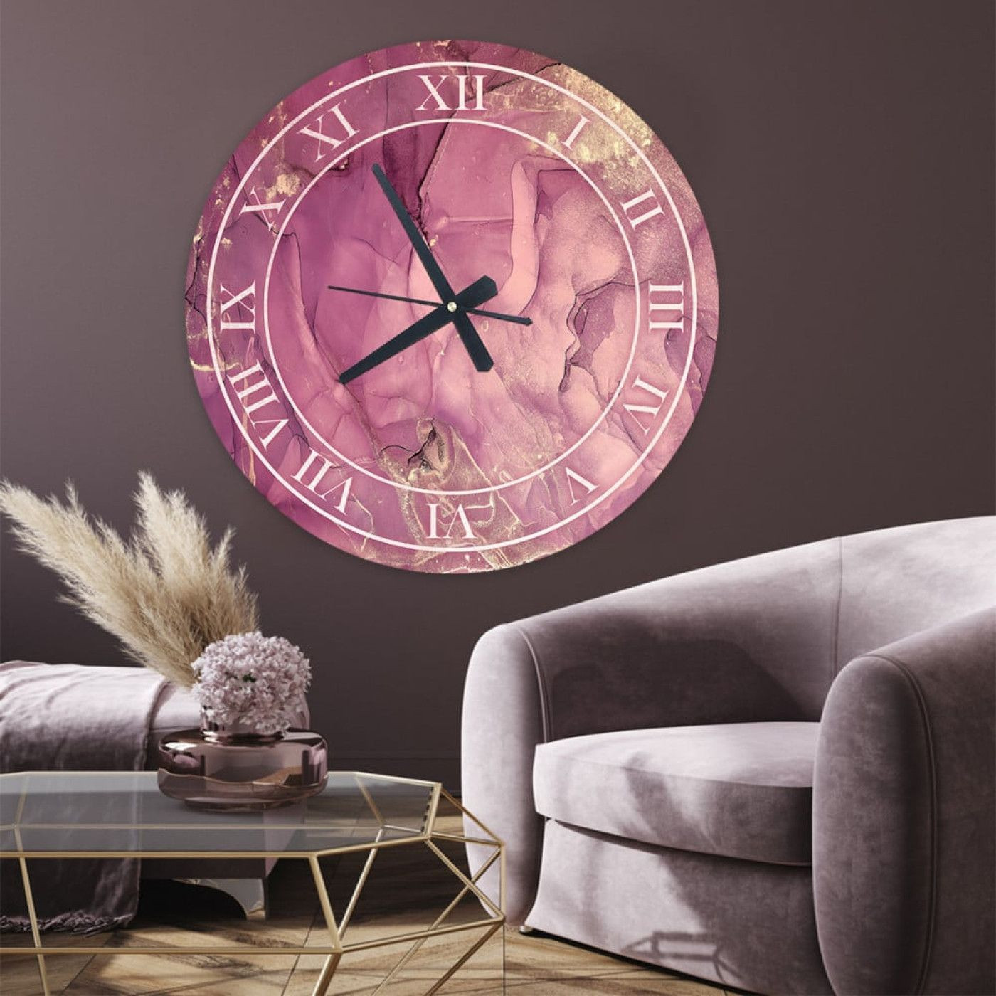 ساعة حائط دائرية بتصميم رخامي - 50x50 سم - وردي وذهبي - hs-cnc-24