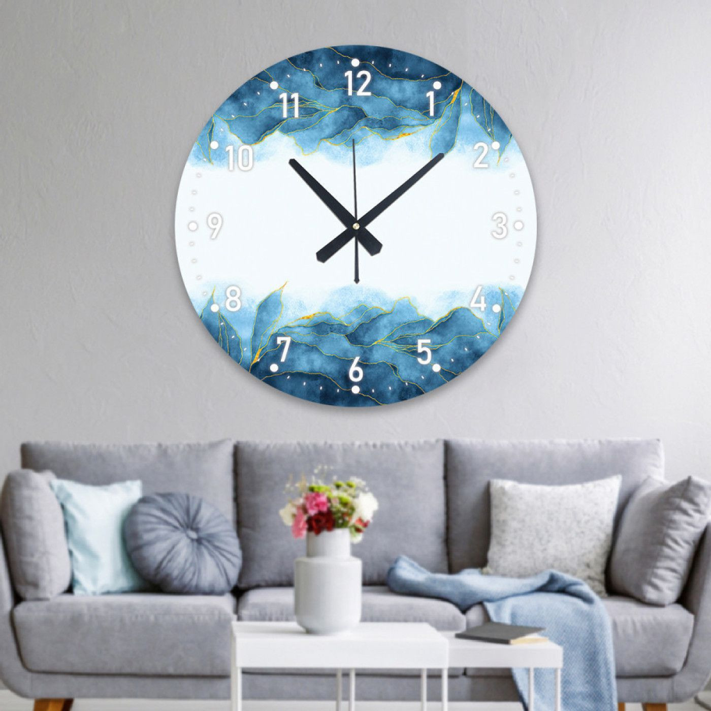 ساعة حائط دائرية بتصميم رخامي - 50x50 سم - أبيض وأزرق - hs-cnc-30