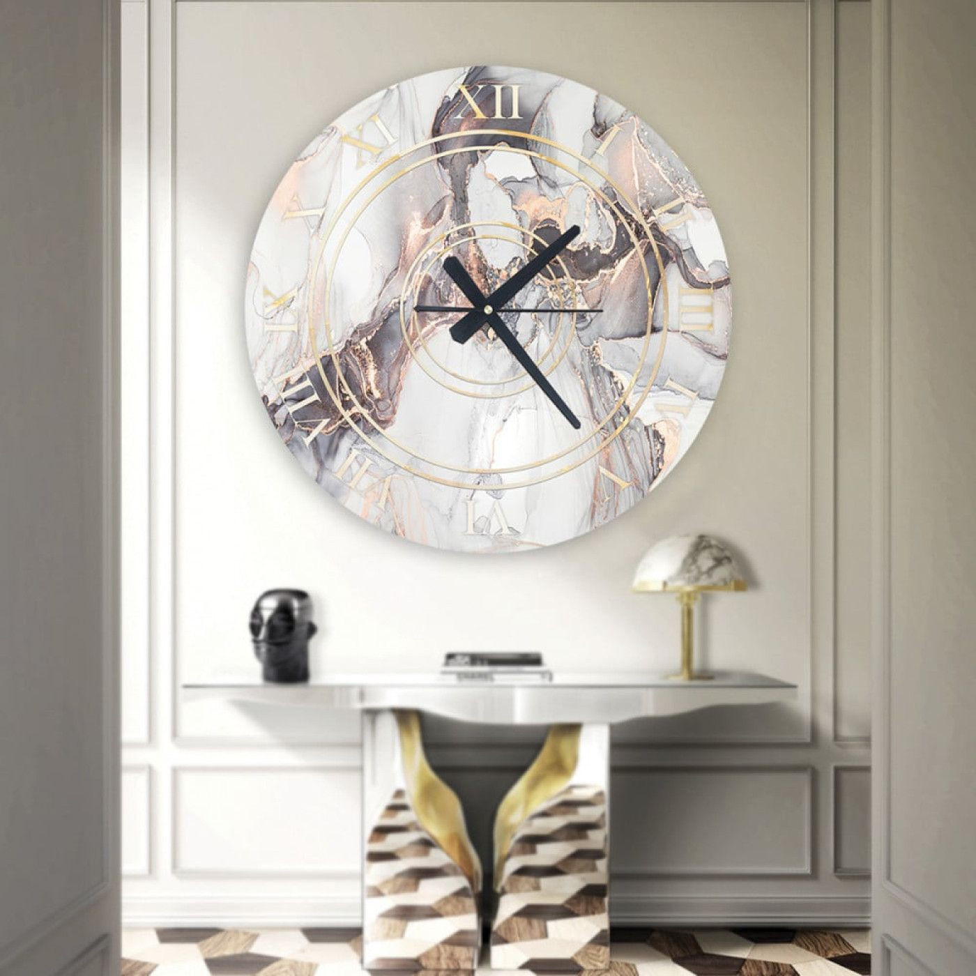 ساعة حائط دائرية بتصميم رخامي - 50x50 سم - رمادي وذهبي - hs-cnc-37