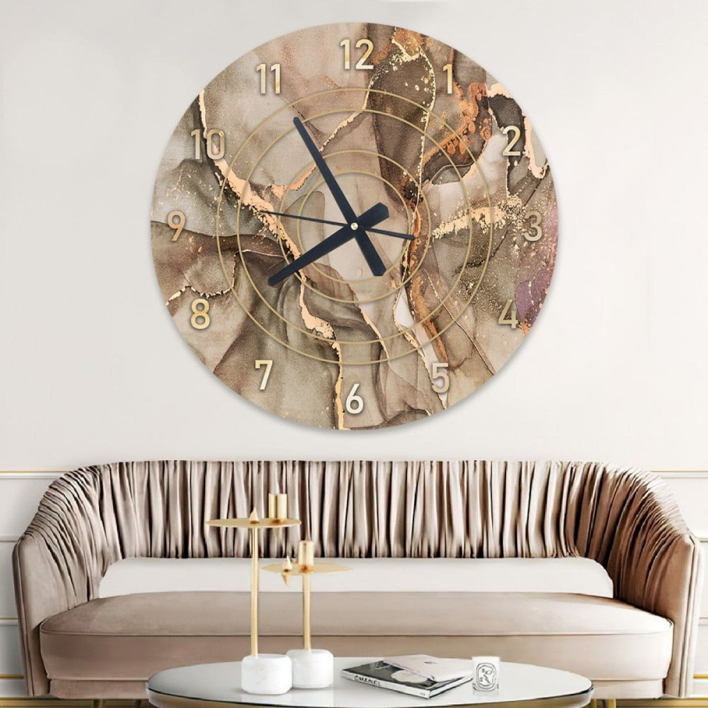 ساعة حائط دائرية بتصميم رخامي - 50x50 سم - بيج - hs-cnc-7