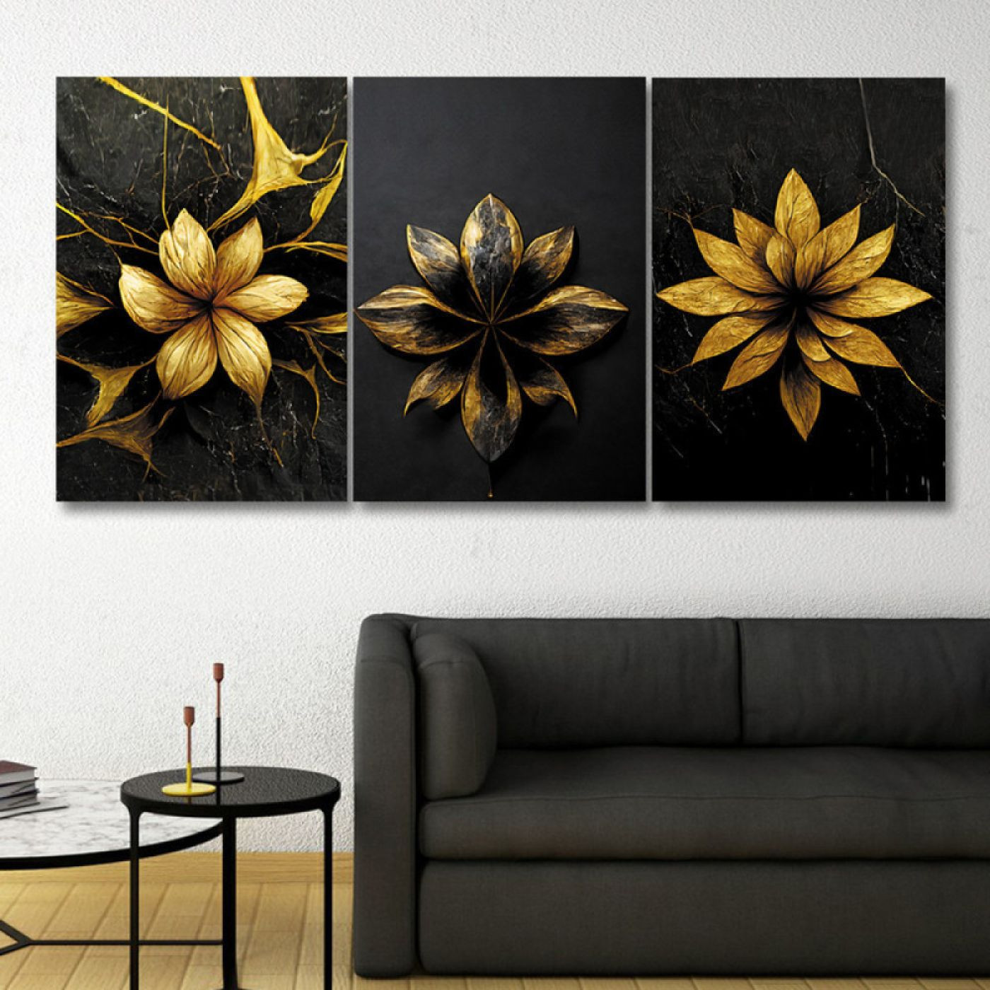 لوحة حائط الزهرة الذهبية ثلاث ثطع - خشب ام دي اف - 120x60 سم - PH 323