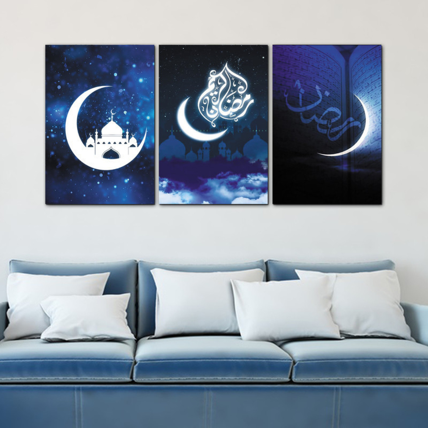 لوحة جدارية فنية بتصميم إسلامي لرمضان - 3 قطع - 120x60 سم - أزرق وأبيض
