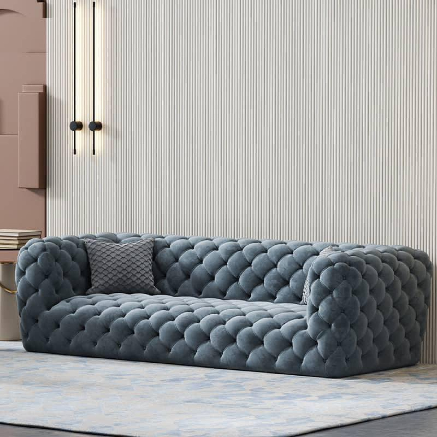 الهوم كنبة مخملية 3 - مقاعد - 300x85x85 سم - أزرق فاتح