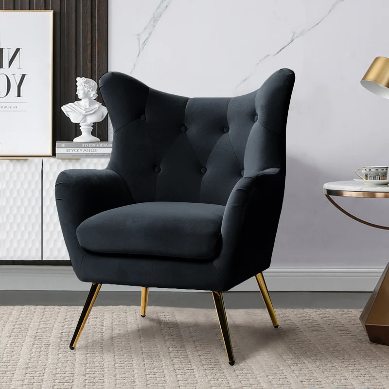 كرسي Alhome Luxe باللون الأسود المخملي مع الخشب السويدي
