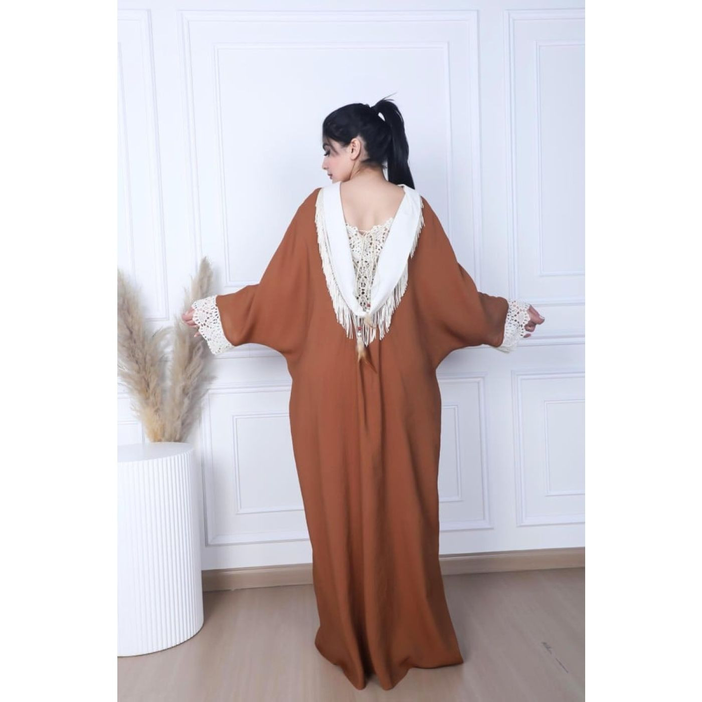 جلابية طويلة - حزام داخلي - بني