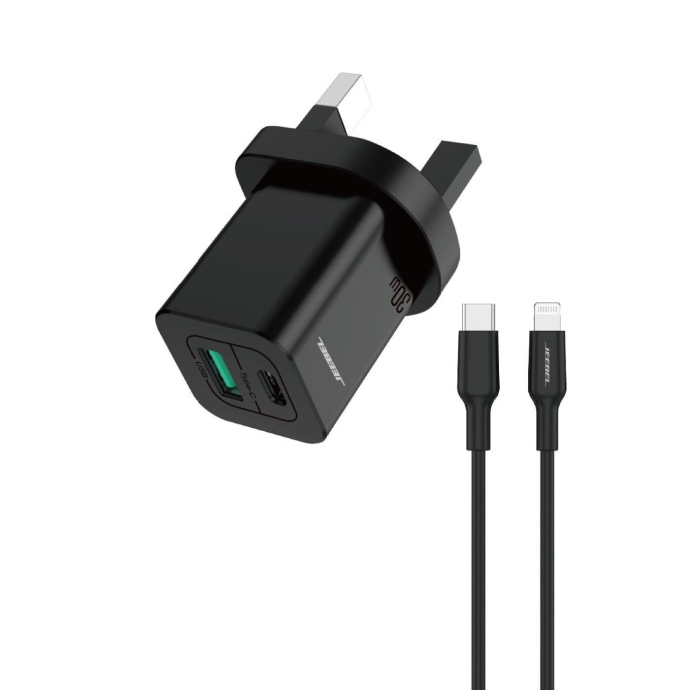 جيبيل باعتمادية آبل شاحن جدار 30 واط - بمنفذين USB وUSB Type--C - مع كايبل Type--C - لايتنينغ