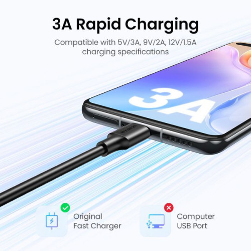 يوجرين سلك شاحن من USB إلى USB-C مضفر بطول 3 م - أسود