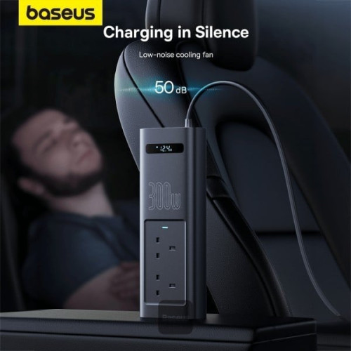 باسيوس توصيلة سيارة - بقوة 300 واط - منفذين تايب سي ومنفذ USB ومنفذين طاقة - أسود