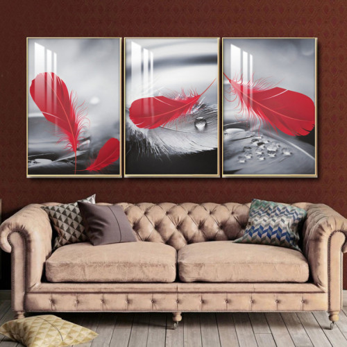 لوحة جدارية فنية مع ريش - 3 قطع - رمادي وأحمر