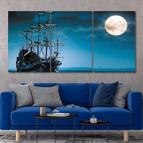 لوحة حائط القمر مع سفينة ثلاث ثطع - خشب ام دي اف - 120x60 سم - PH 308