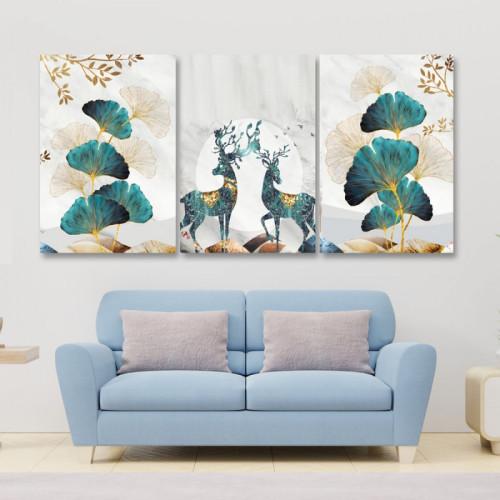 لوحة حائط غزلان مع الطبيعة ثلاث ثطع - خشب ام دي اف - 120x60 سم - PH 315