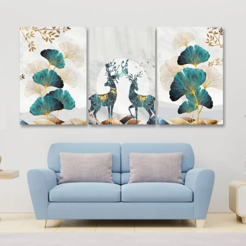 لوحة حائط غزلان مع الطبيعة ثلاث ثطع - خشب ام دي اف - 120x60 سم - PH 315