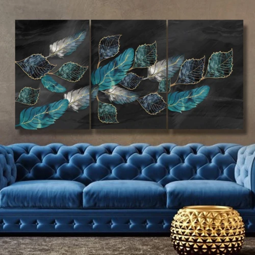 لوحة حائط أوراق النباتات الزرقاء ثلاث ثطع - خشب ام دي اف - 120x60 سم - PH 324