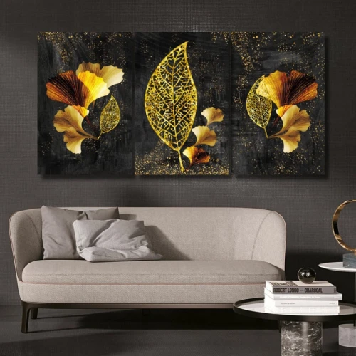 لوحة حائط أوراق نباتات ذهبية ثلاث ثطع - خشب ام دي اف - 120x60 سم - PH 332