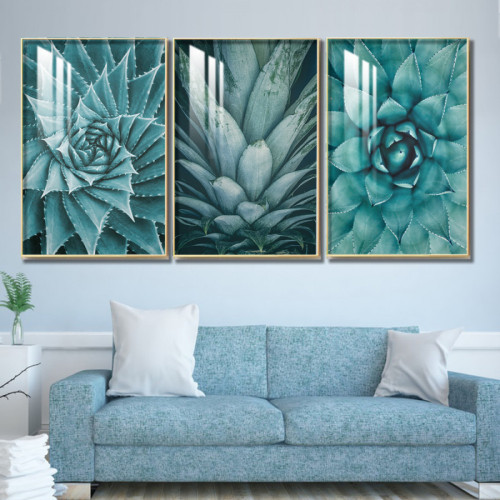 لوحة جدارية بسيطة بتصميم نباتات عصرية - 3 قطع - أزرق