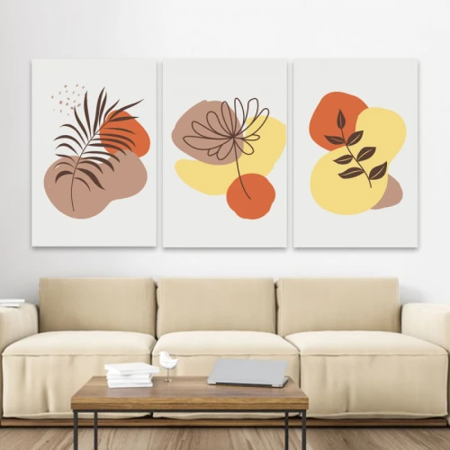 لوحة حائط رسومات أوراق نباتات عشوائية ثلاث ثطع - خشب ام دي اف - 120x60 سم - lp3-454
