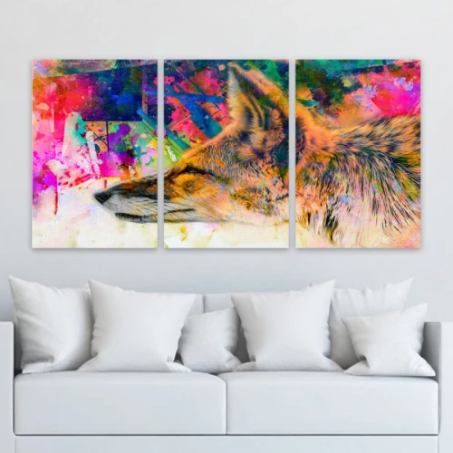 لوحة حائط ذئب ملون ثلاث ثطع - خشب ام دي اف - 120x60 سم - lp3-466