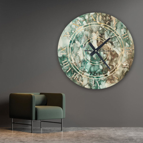 ساعة حائط دائرية بتصميم رخامي - 50x50 سم - بني وأخضر - hs-cnc-11