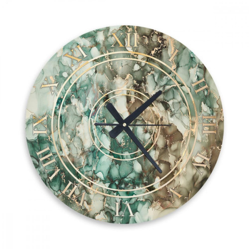 ساعة حائط دائرية بتصميم رخامي - 50x50 سم - بني وأخضر - hs-cnc-11