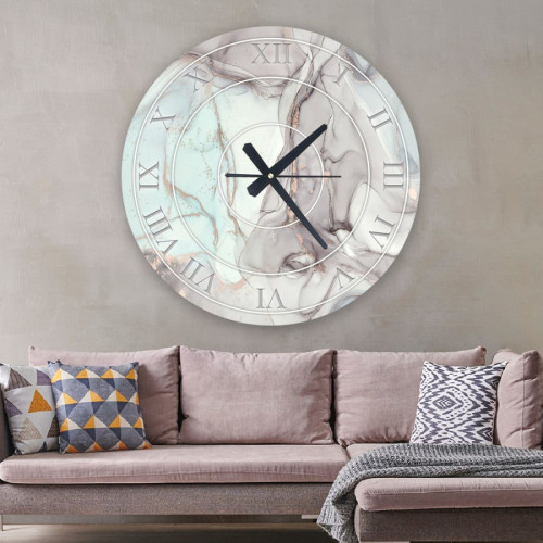 ساعة حائط دائرية بتصميم رخامي - 50x50 سم - أبيض ورمادي - hs-cnc-16