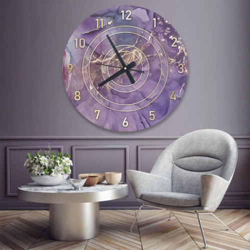 ساعة حائط دائرية بتصميم رخامي - 50x50 سم - بنفسجي وذهبي - hs-cnc-20