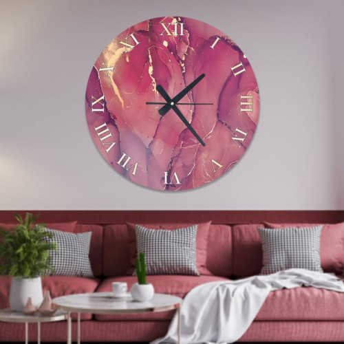 ساعة حائط دائرية بتصميم رخامي - 50x50 سم - وردي داكن - hs-cnc-23