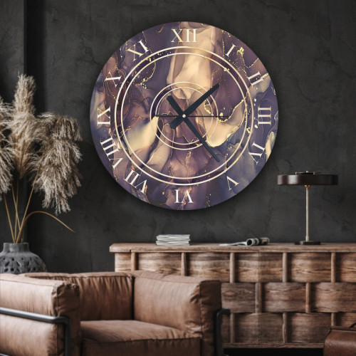 ساعة حائط دائرية بتصميم رخامي - 50x50 سم - بنفسجي وذهبي - hs-cnc-43